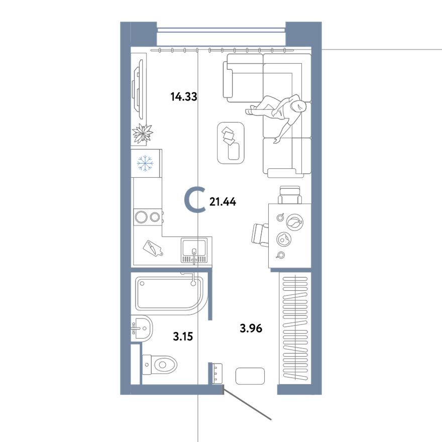 Студия-квартира, 21.4 м²
