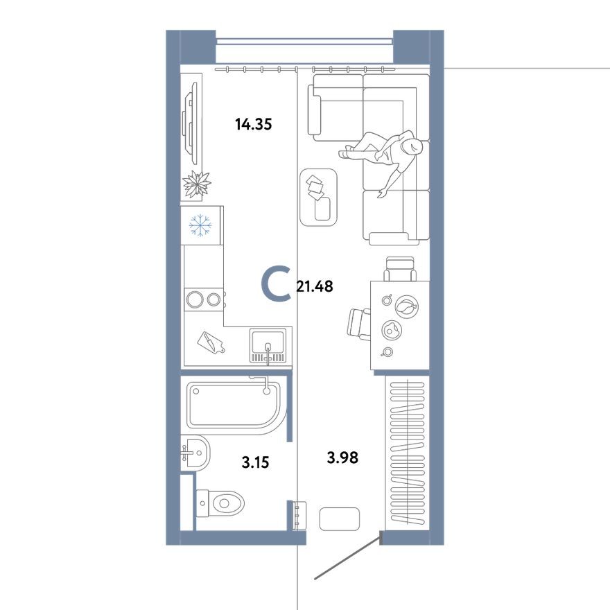 Студия-квартира, 21.5 м²