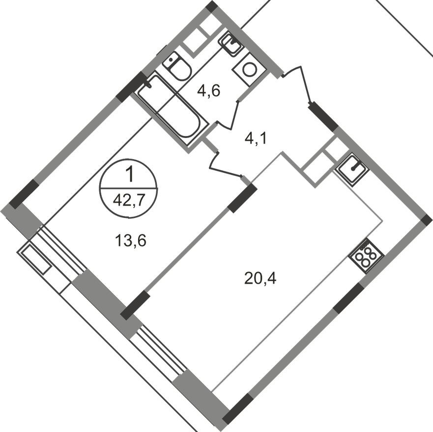1к. квартира, 42.7 м²
