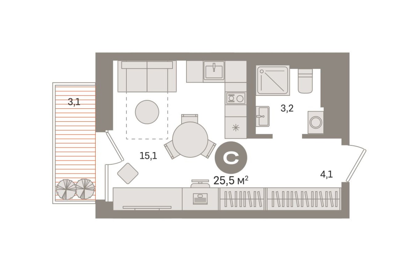 Студия-квартира, 25.5 м²