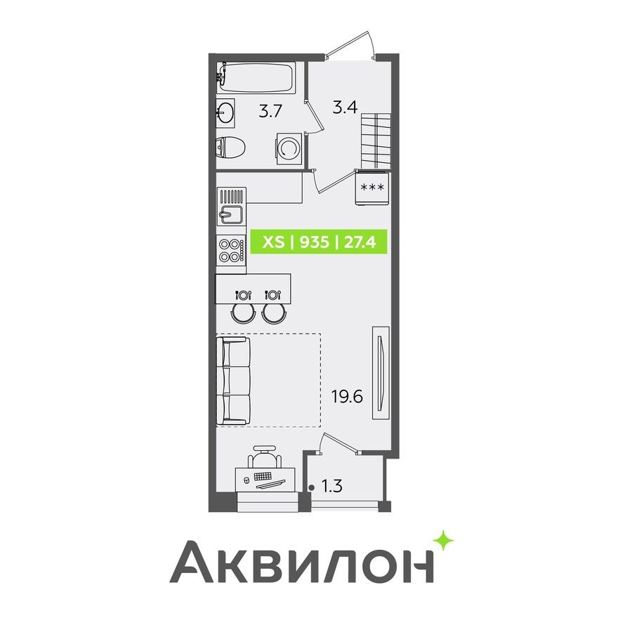 Студия-квартира, 27.4 м²