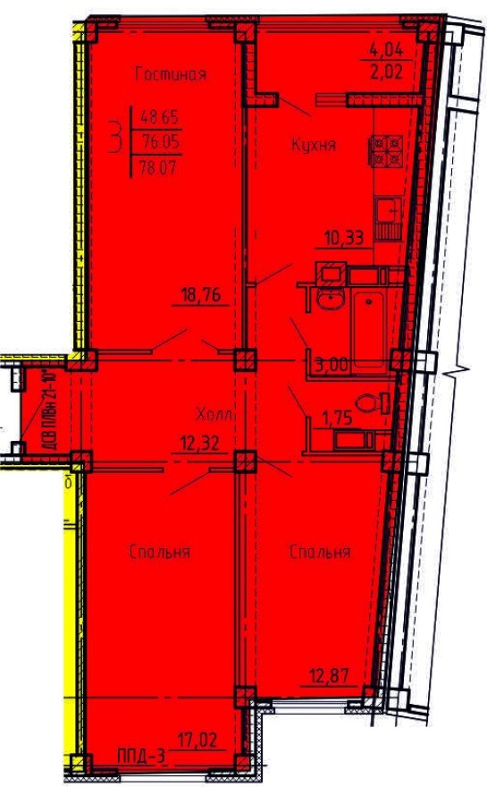3к. квартира, 78.1 м²