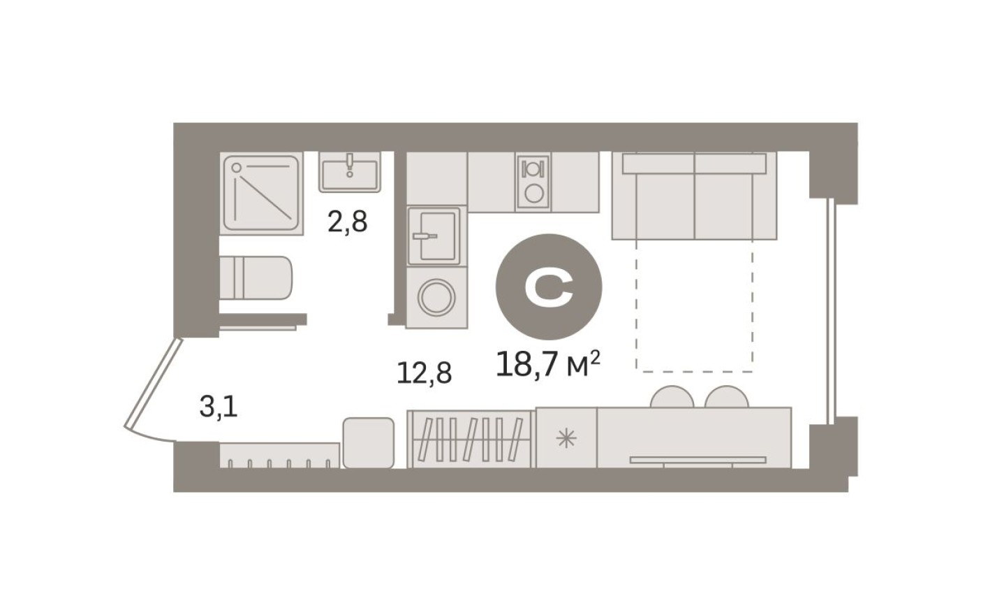 Студия-квартира, 18.7 м²