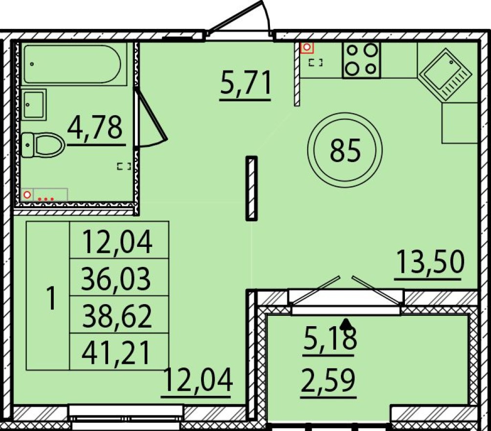 1к. квартира, 36.0 м²