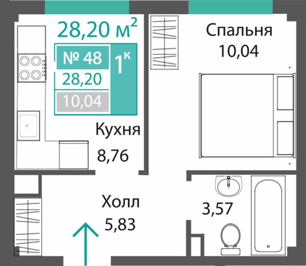 1к. квартира, 28.2 м²