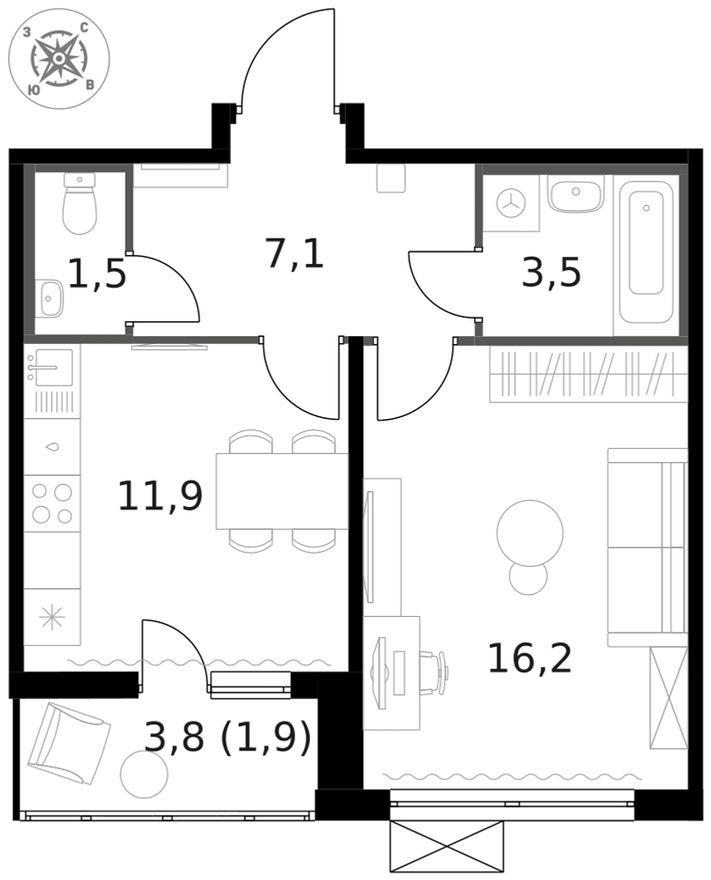 1к. квартира, 42.1 м²