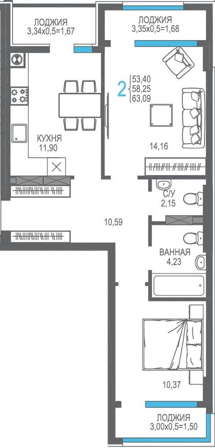 2к. квартира, 58.3 м²