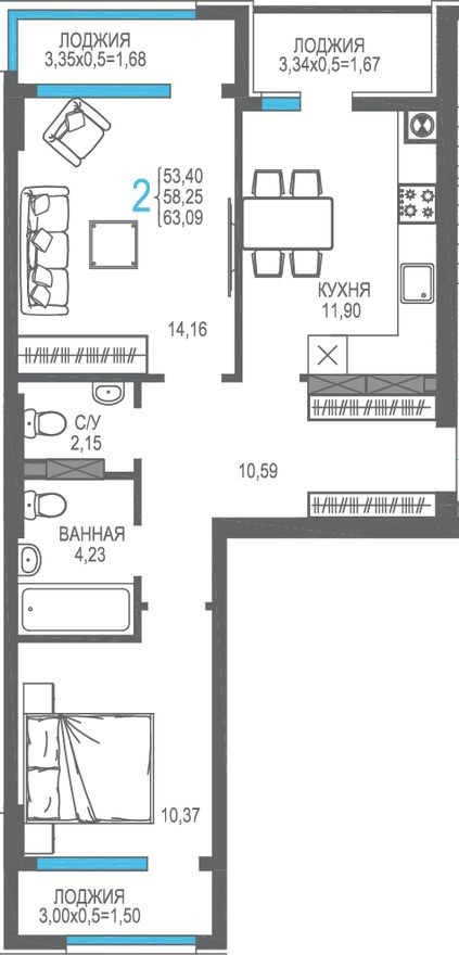 2к. квартира, 58.3 м²