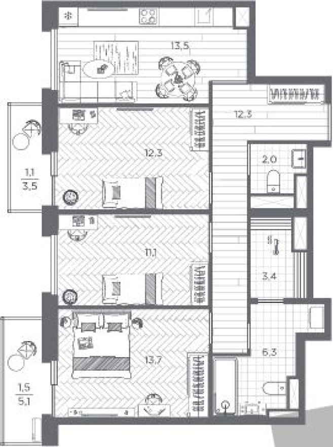 3к. квартира, 77.2 м²