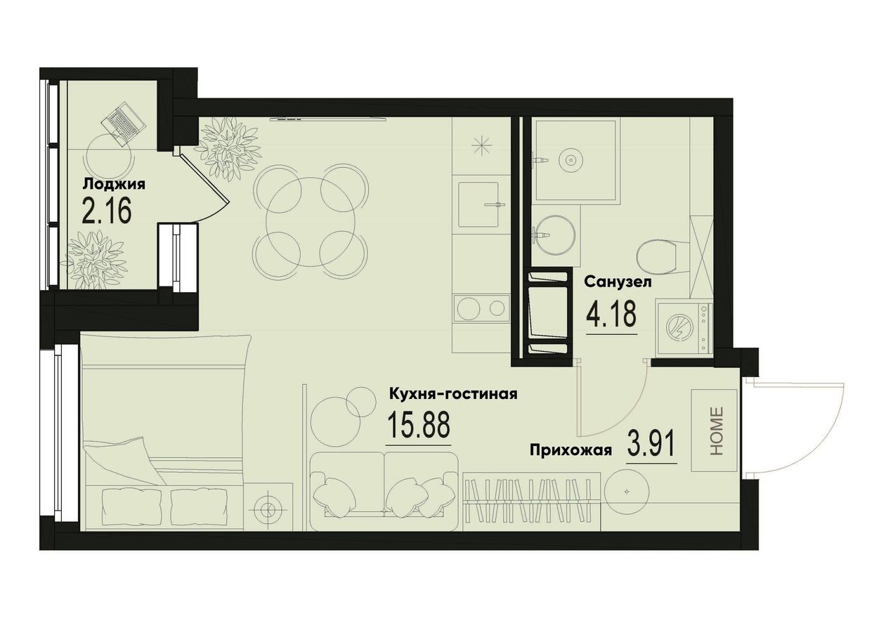 Студия-квартира, 25.1 м²