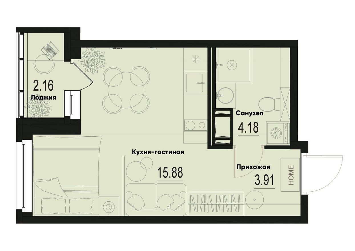 Студия-квартира, 25.1 м²