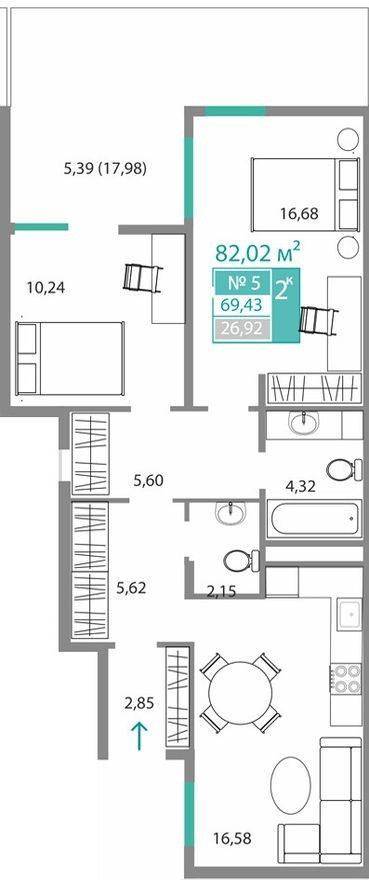 2к. квартира, 69.4 м²
