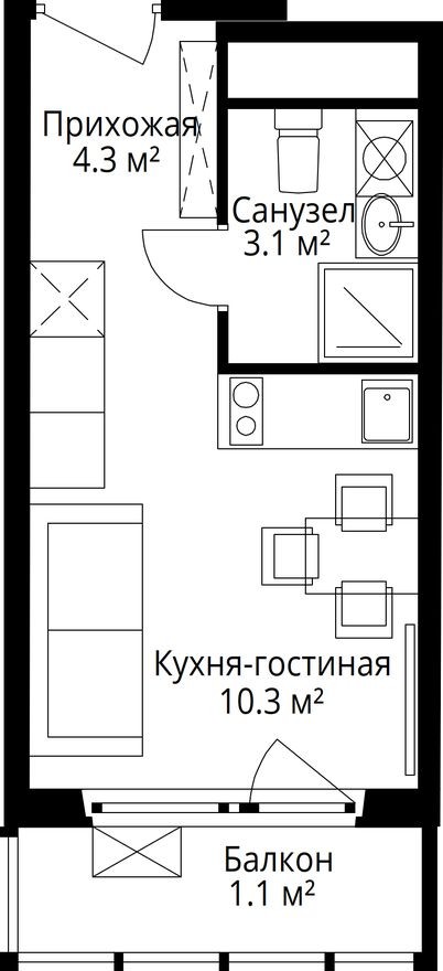 Студия-квартира, 18.8 м²
