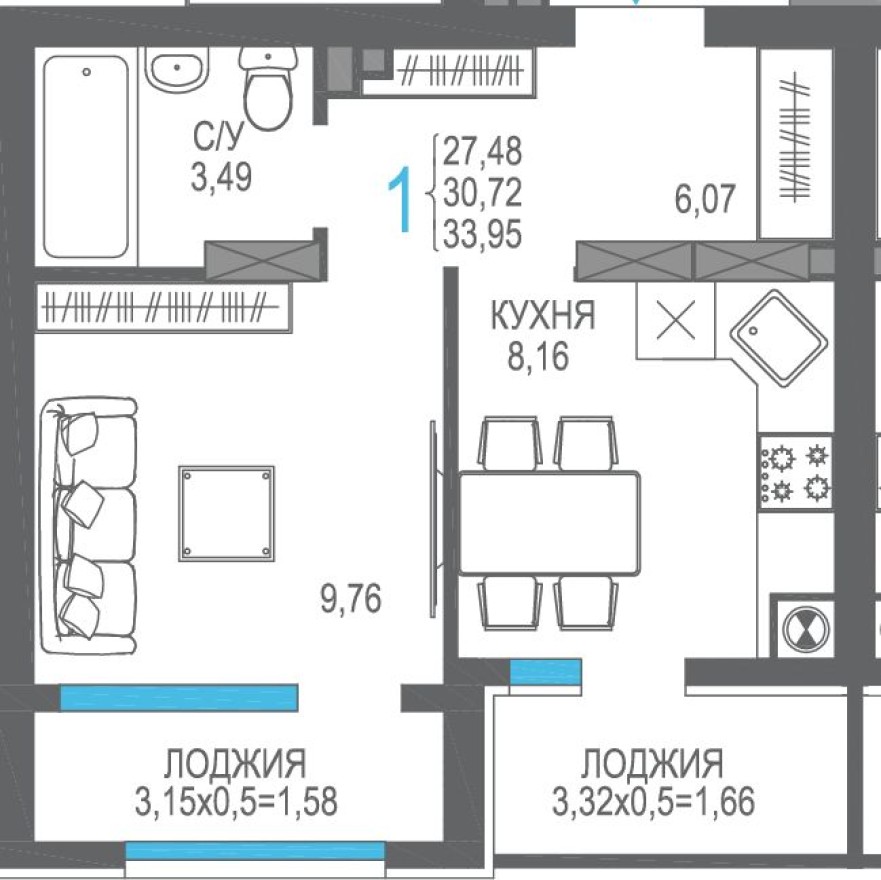1к. квартира, 30.7 м²