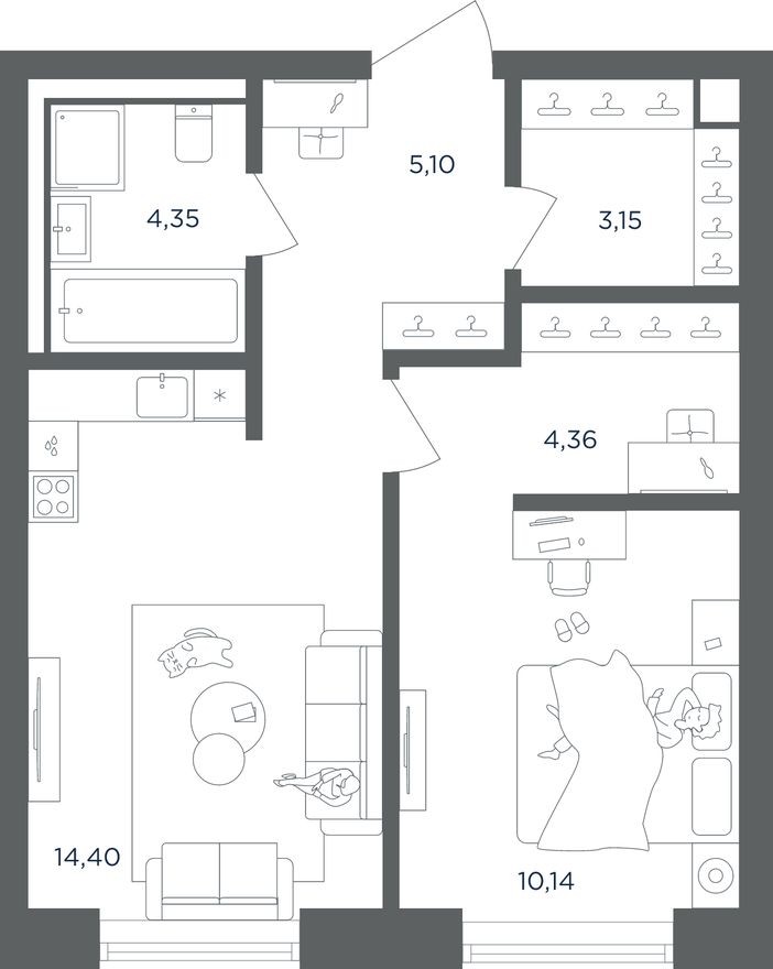 1к. квартира, 41.5 м²