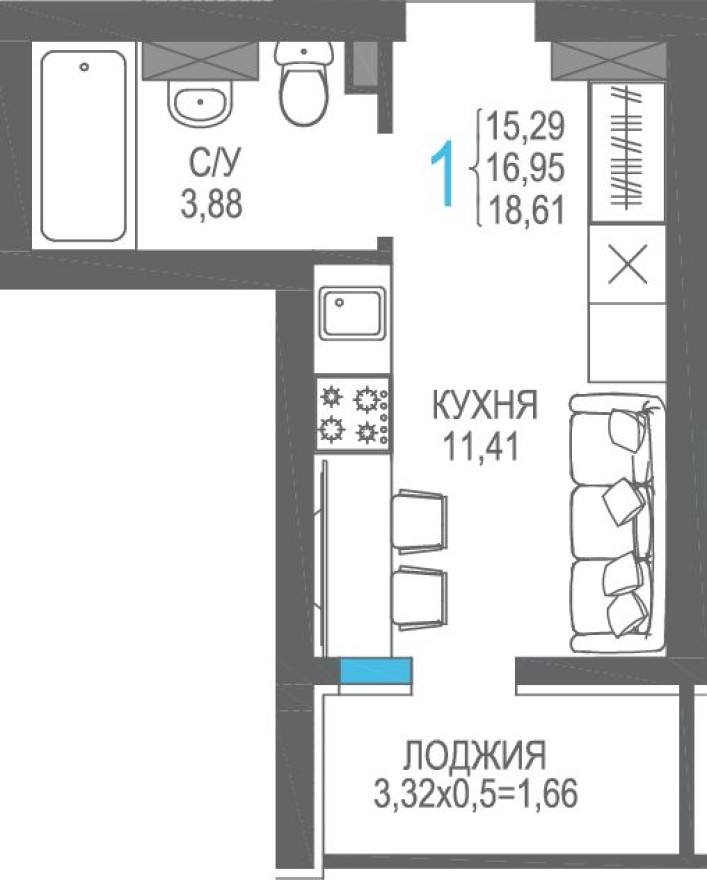 1к. квартира, 17.0 м²