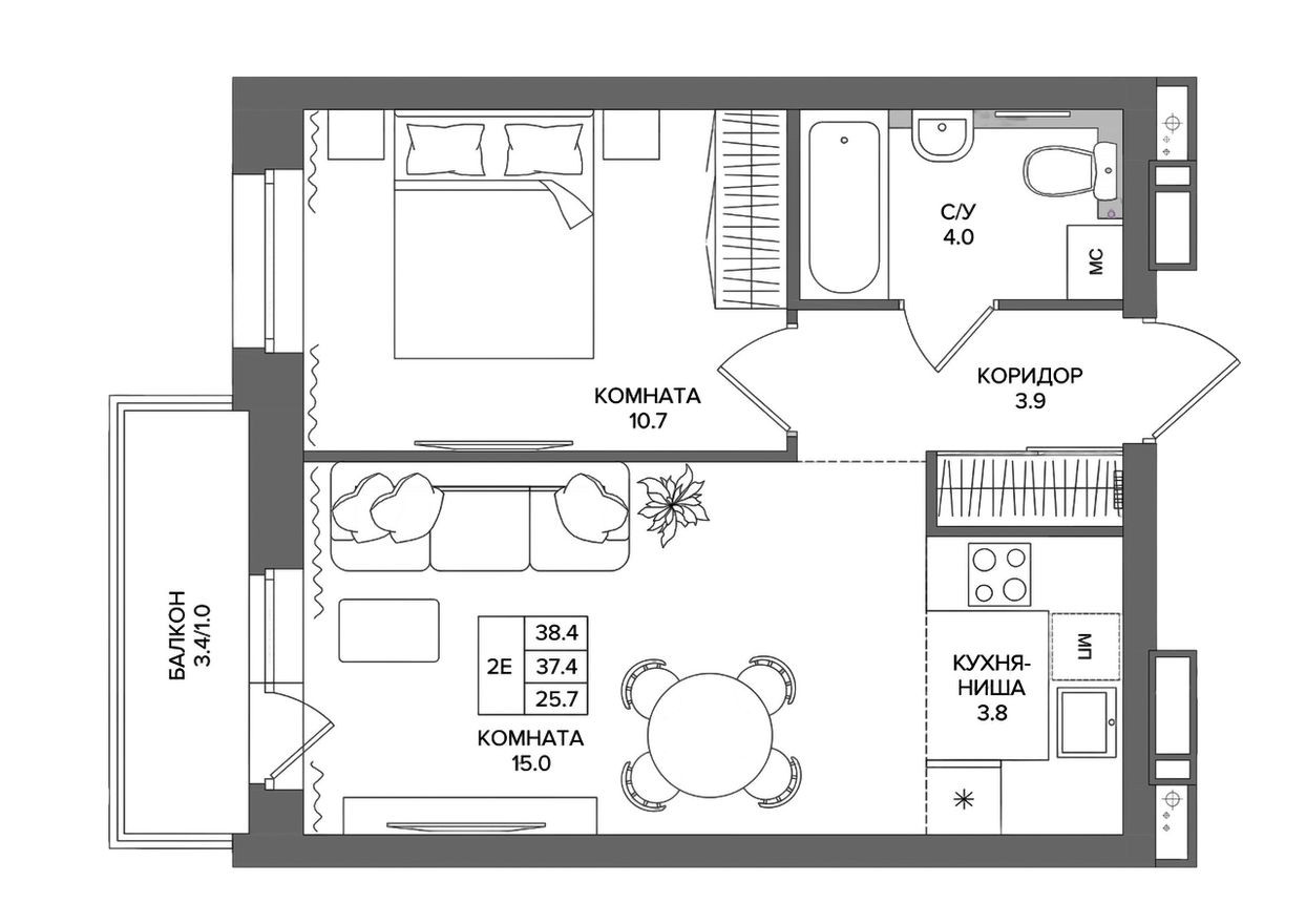 2е квартира, 38.4 м²