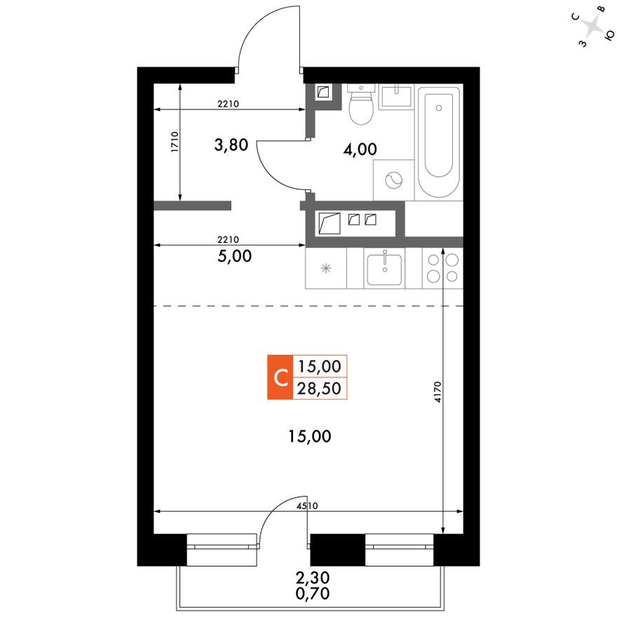 1е квартира, 28.5 м²