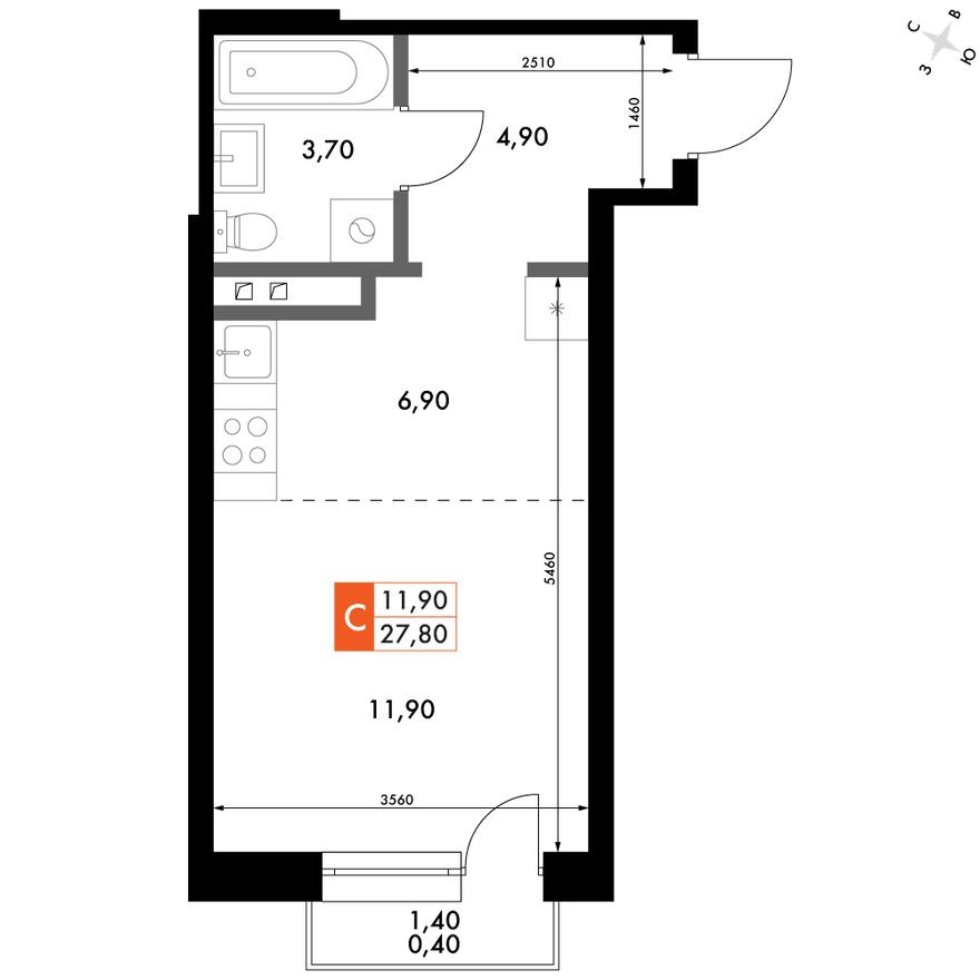 1е квартира, 27.8 м²