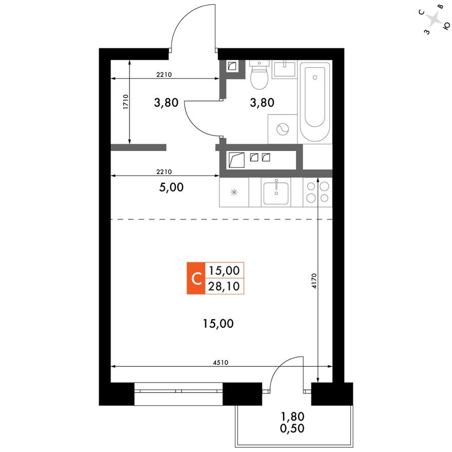 1е квартира, 28.1 м²