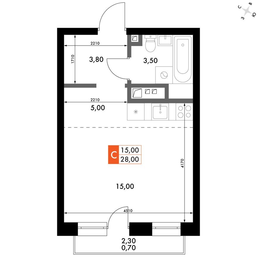 1е квартира, 28.0 м²