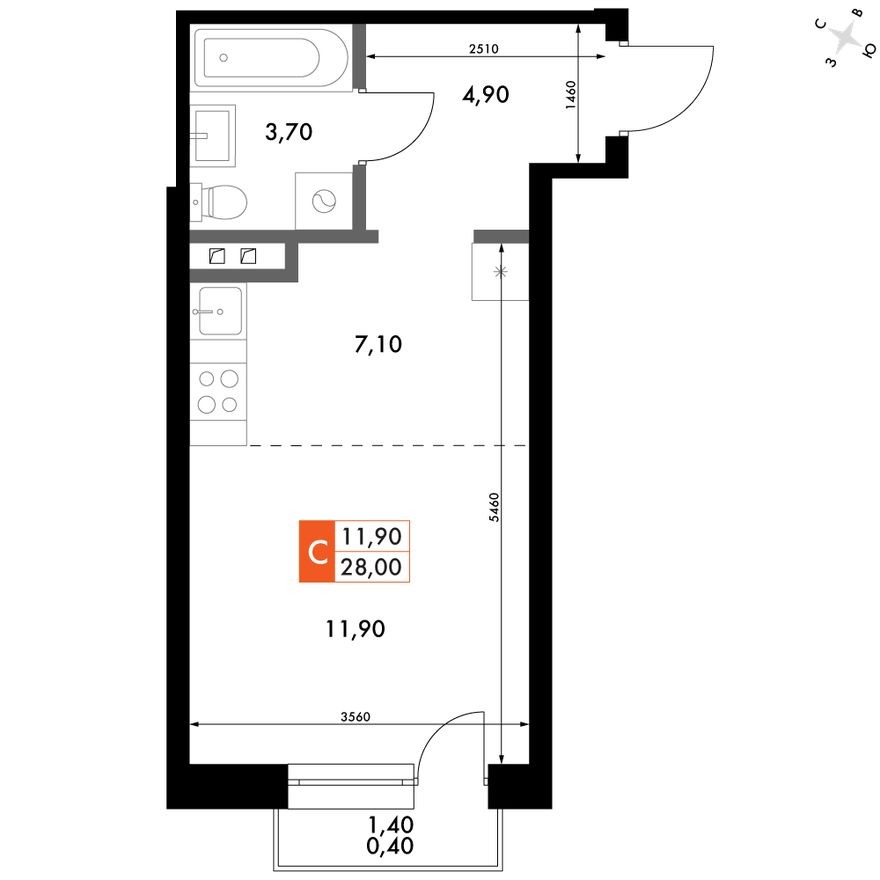 1е квартира, 28.0 м²