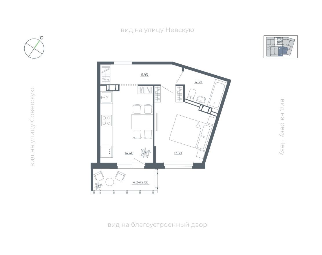 1к. квартира, 39.3 м²