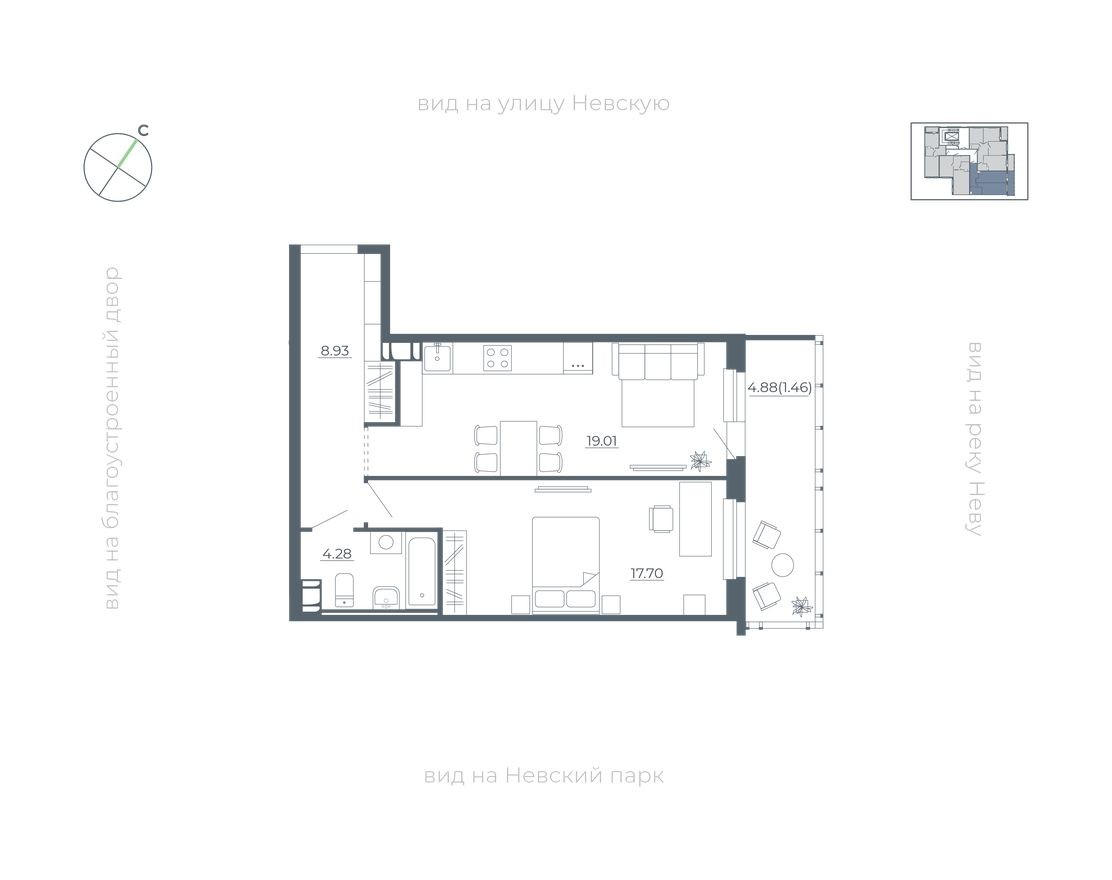 1к. квартира, 51.9 м²