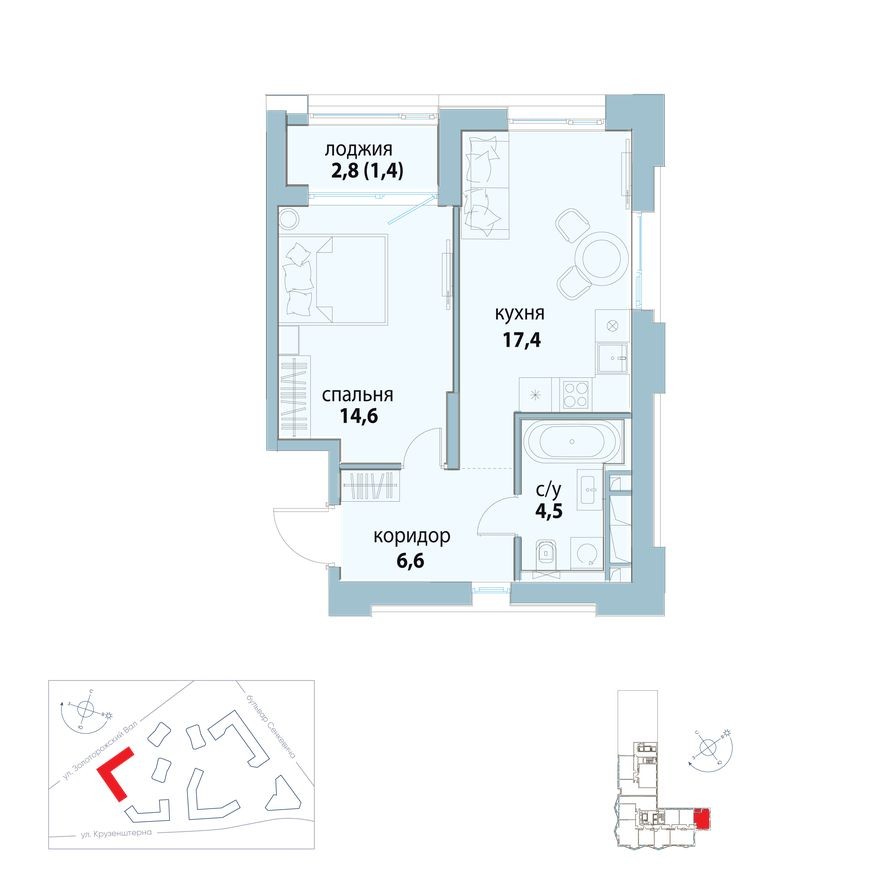1к. квартира, 44.5 м²