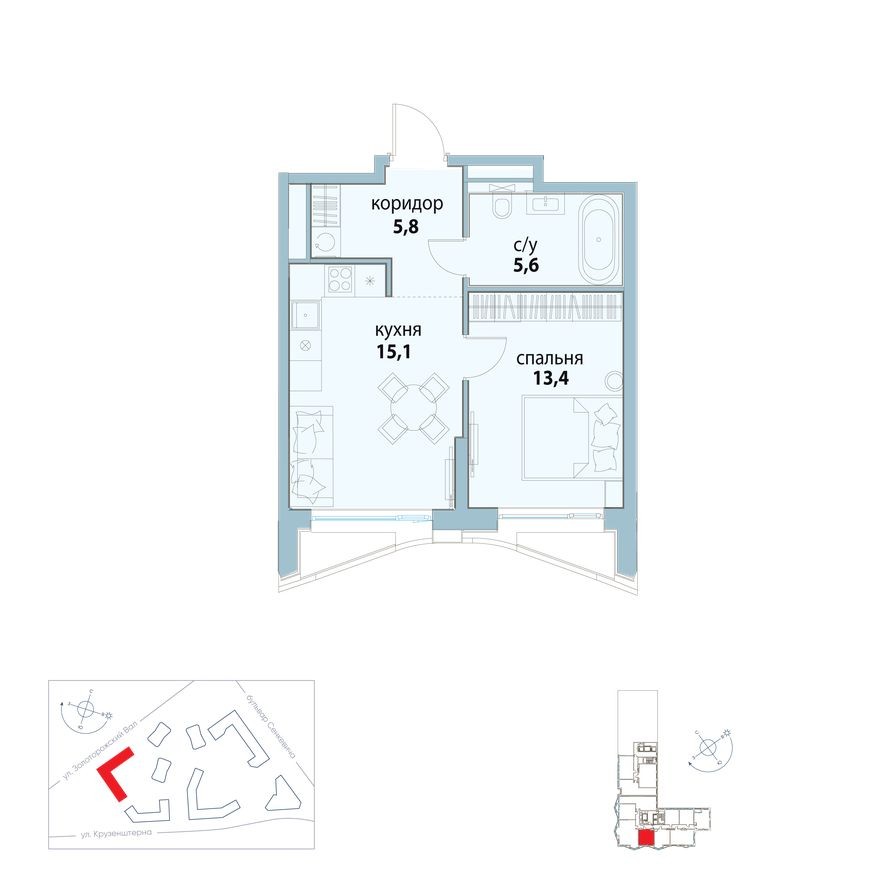 1к. квартира, 39.9 м²