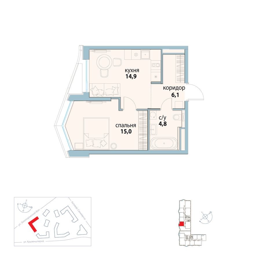 1к. квартира, 40.8 м²