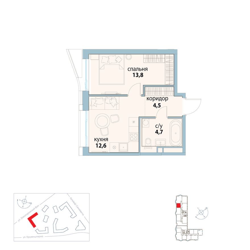 1к. квартира, 35.6 м²