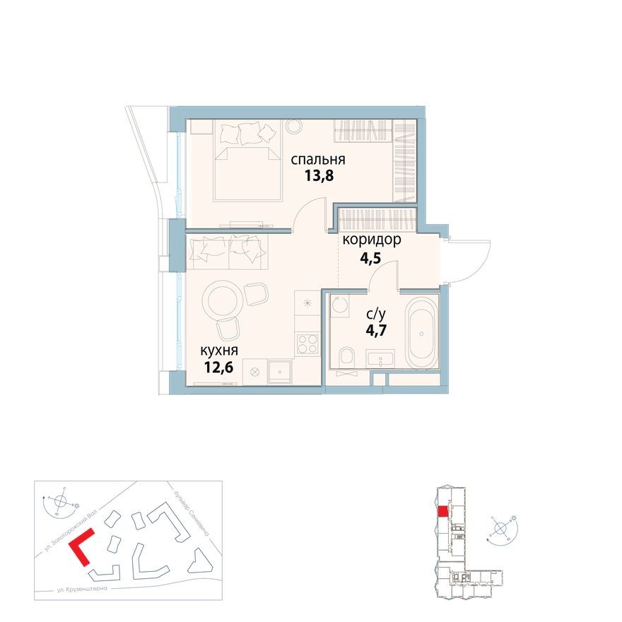 1к. квартира, 35.6 м²