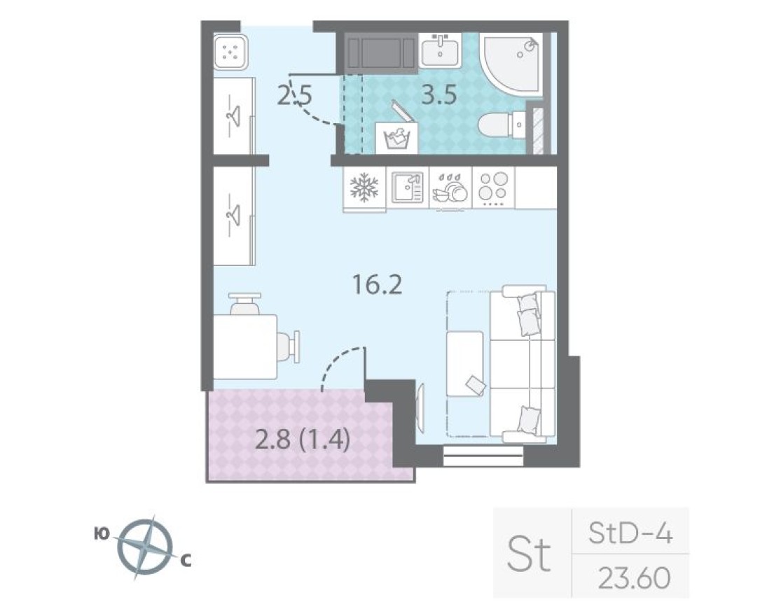 Студия-квартира, 23.6 м²