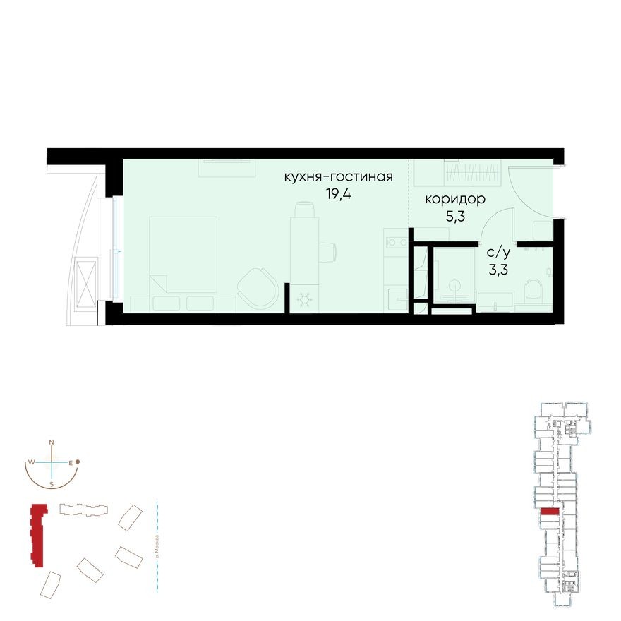 1к. квартира, 28.0 м²