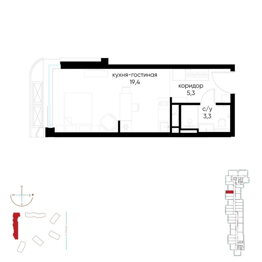 1к. квартира, 28.0 м²