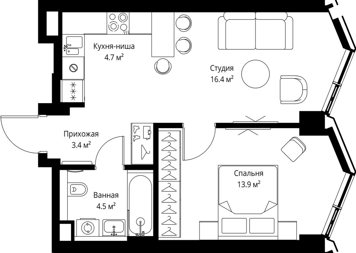 1к. квартира, 42.9 м²