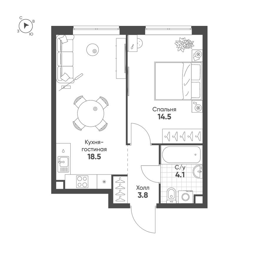 1к. квартира, 40.9 м²