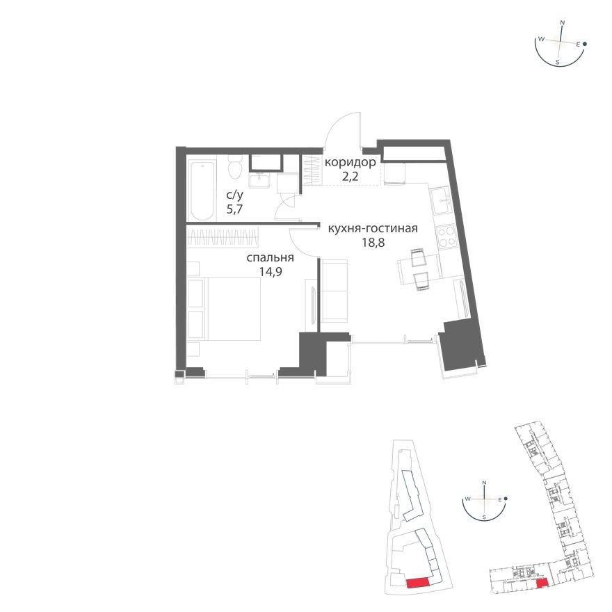 1к. квартира, 41.6 м²