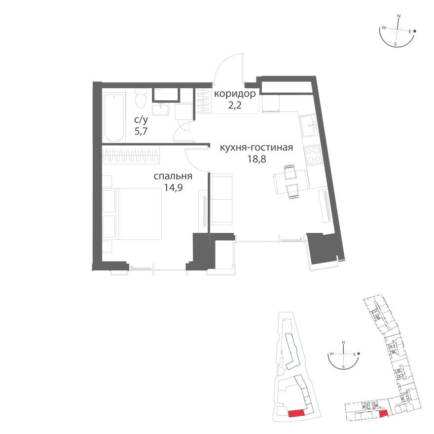 1к. квартира, 41.6 м²