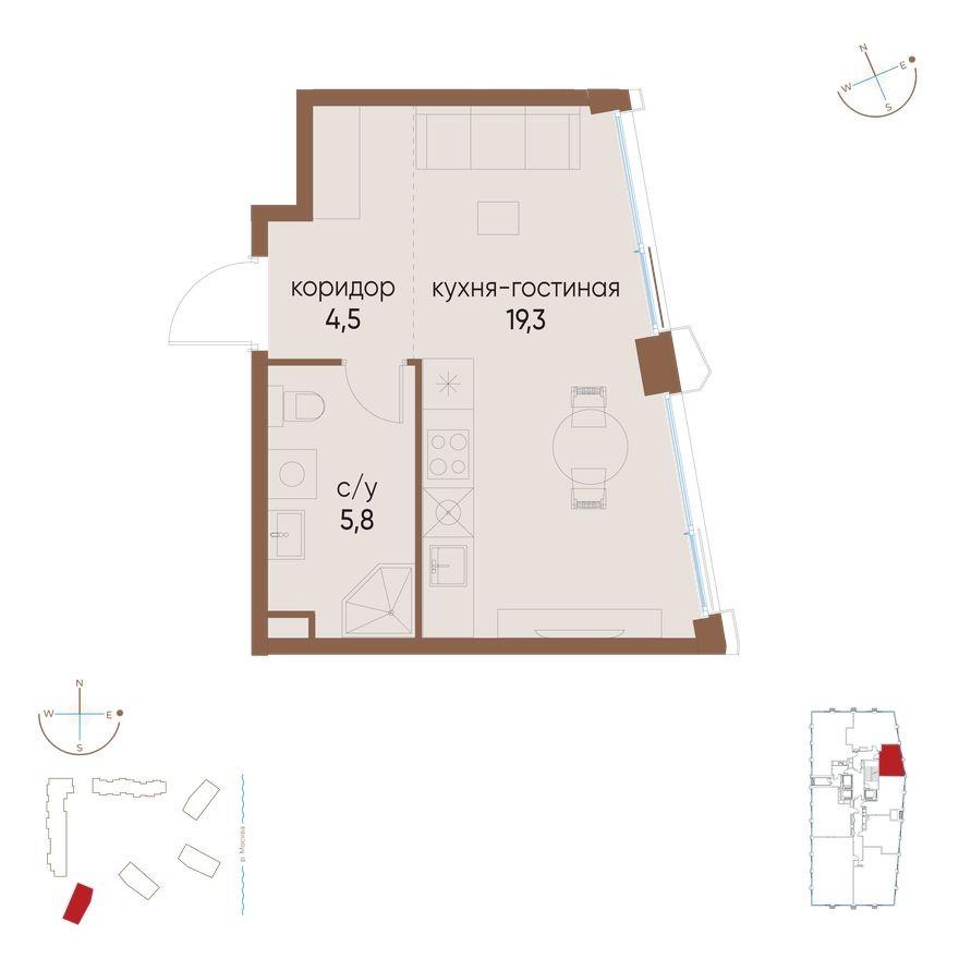 1к. квартира, 29.6 м²