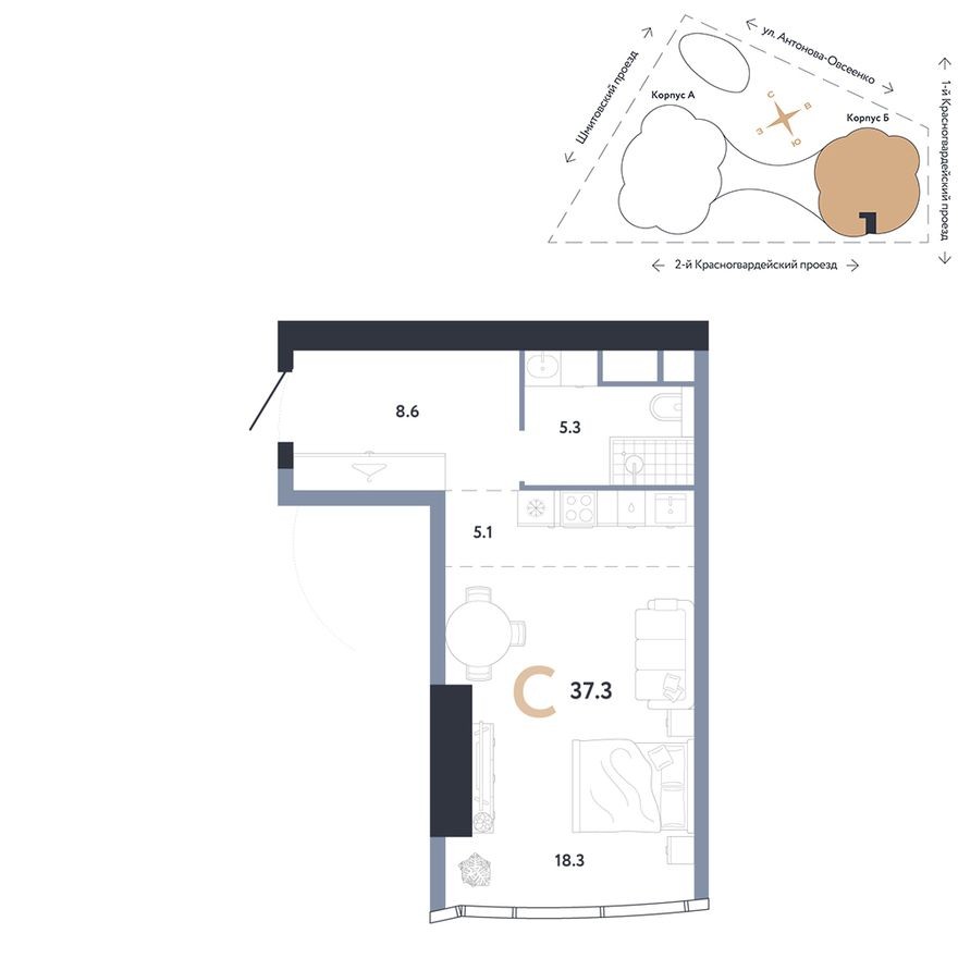Студия-квартира, 37.3 м²