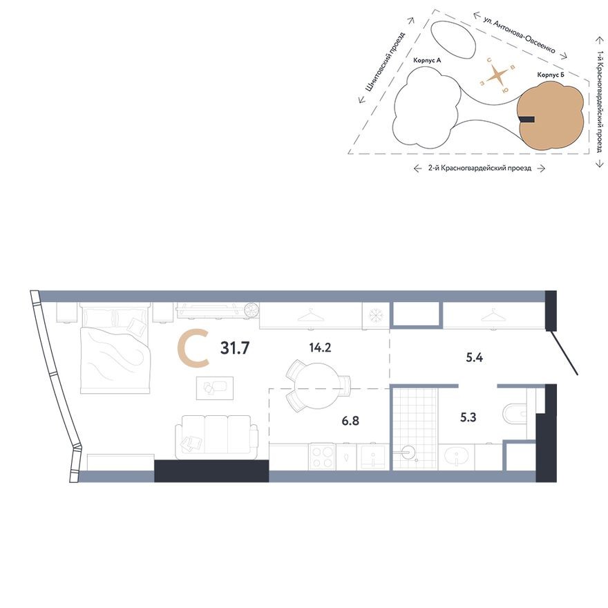 Студия-квартира, 31.7 м²