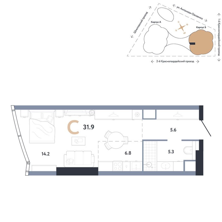 Студия-квартира, 31.9 м²