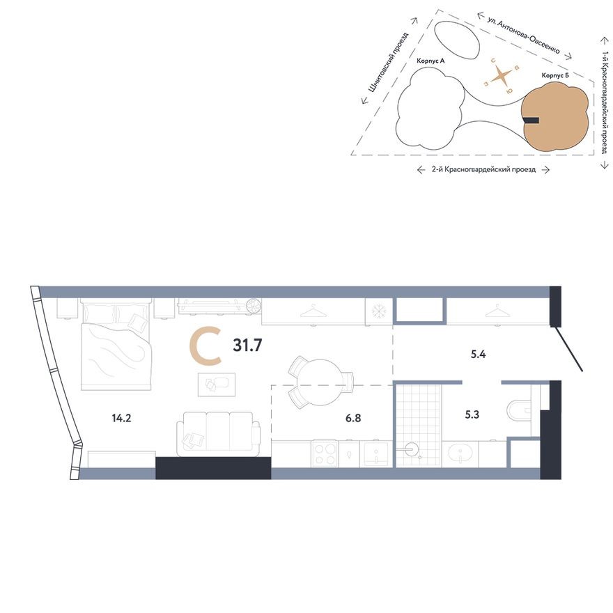 Студия-квартира, 31.7 м²