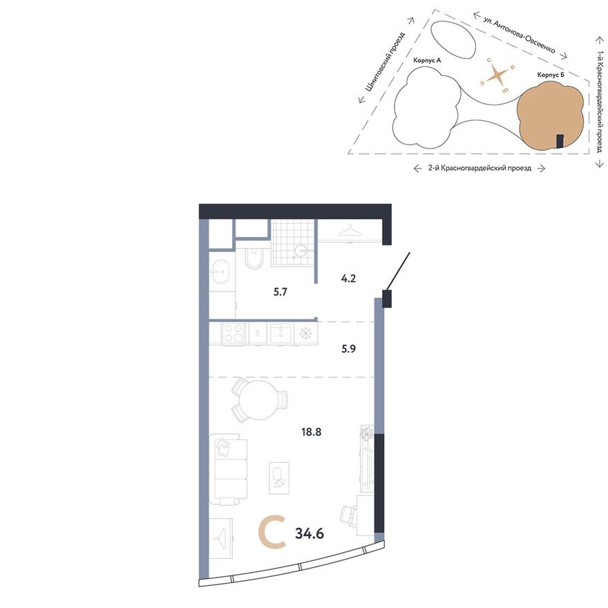 Студия-квартира, 34.6 м²