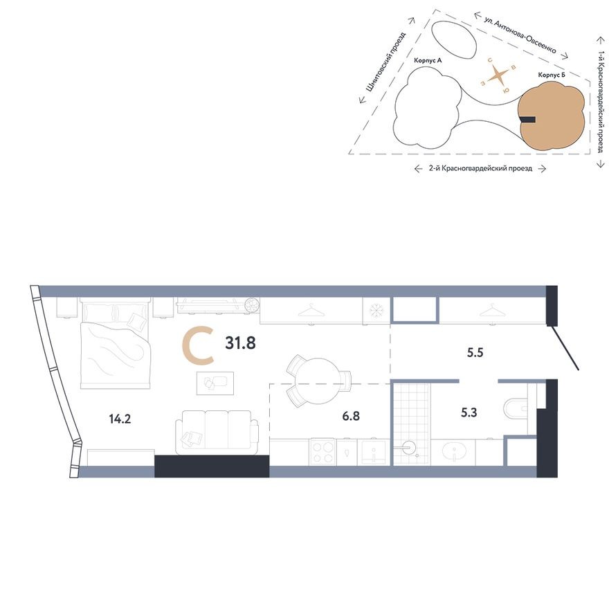 Студия-квартира, 31.8 м²