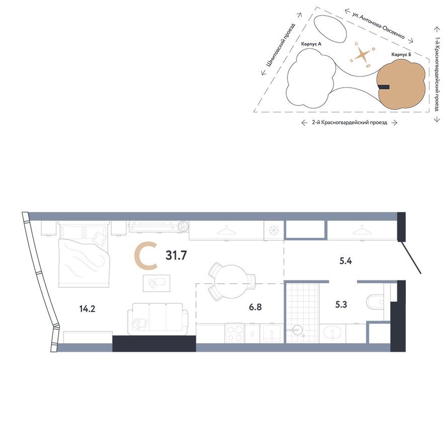 Студия-квартира, 31.7 м²