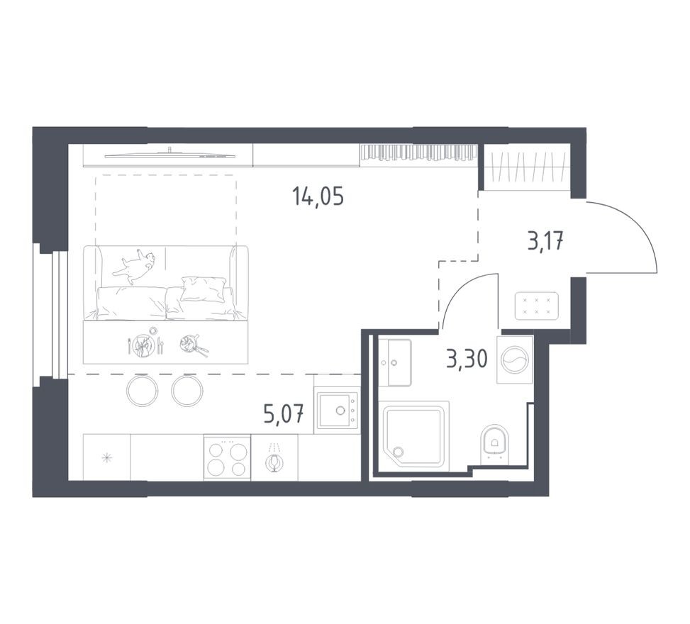 Студия-квартира, 25.6 м²