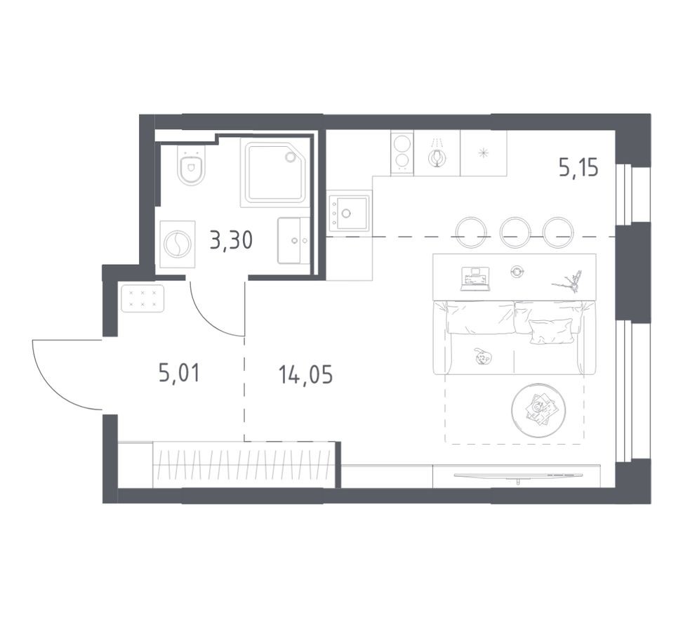 Студия-квартира, 27.5 м²